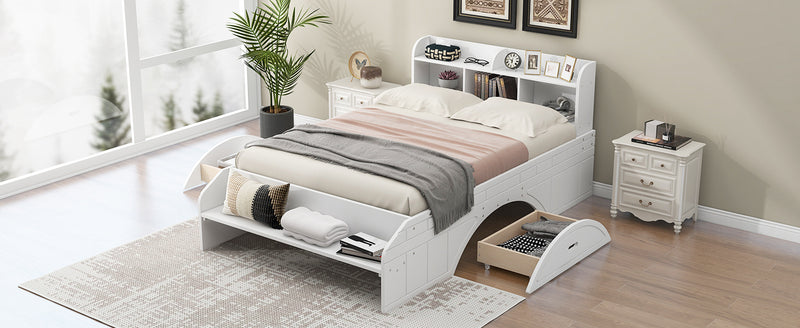 Wood Full Size Platform Bed with 2 Drawers, Storage  Headboard and Footboard, White