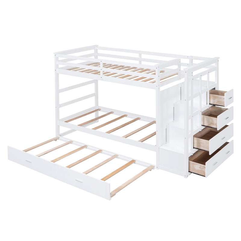 Twin Over Twin Bunk Bed with Trundle and Staircase,White(OLD SKU:LT000068AAK)