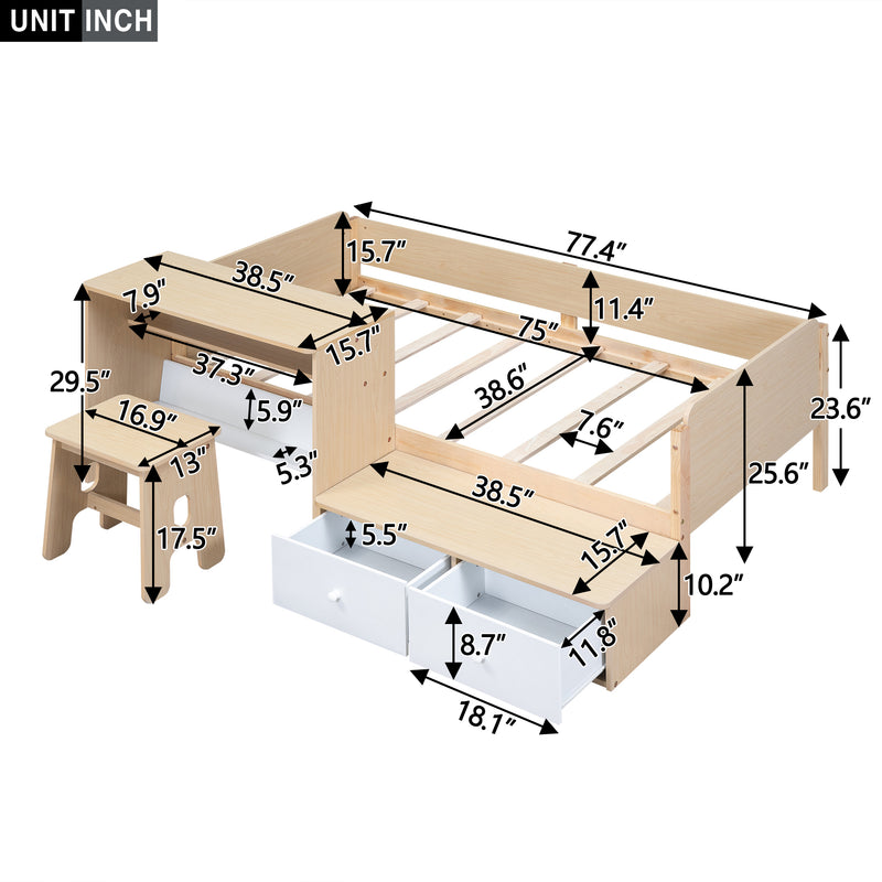 Wood Twin Size Platform Bed with 2 Drawers and 1 Chair&Desk Set, Natural+White