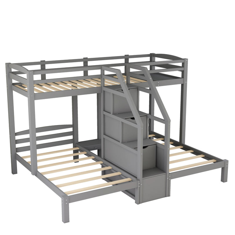 Twin over Twin & Twin Bunk Bed with Built-in Staircase and Storage Drawer,Gray