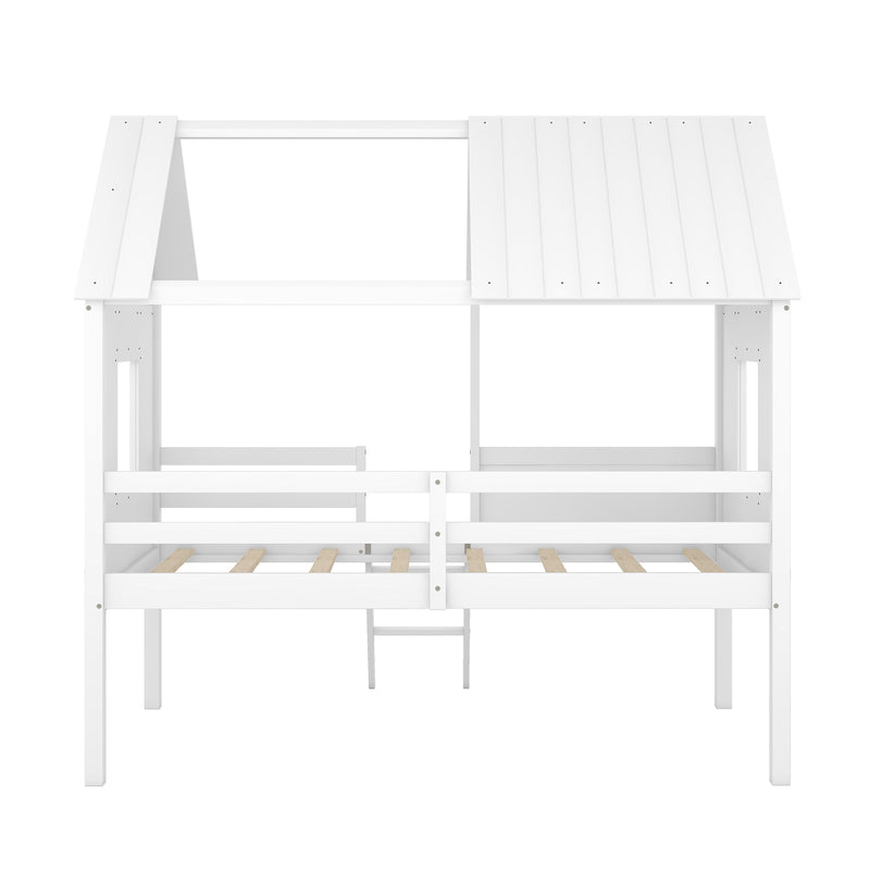 Twin Size Low Loft Wood House Bed with Two Side Windows  (White)(OLD SKU: LP000037AAK)