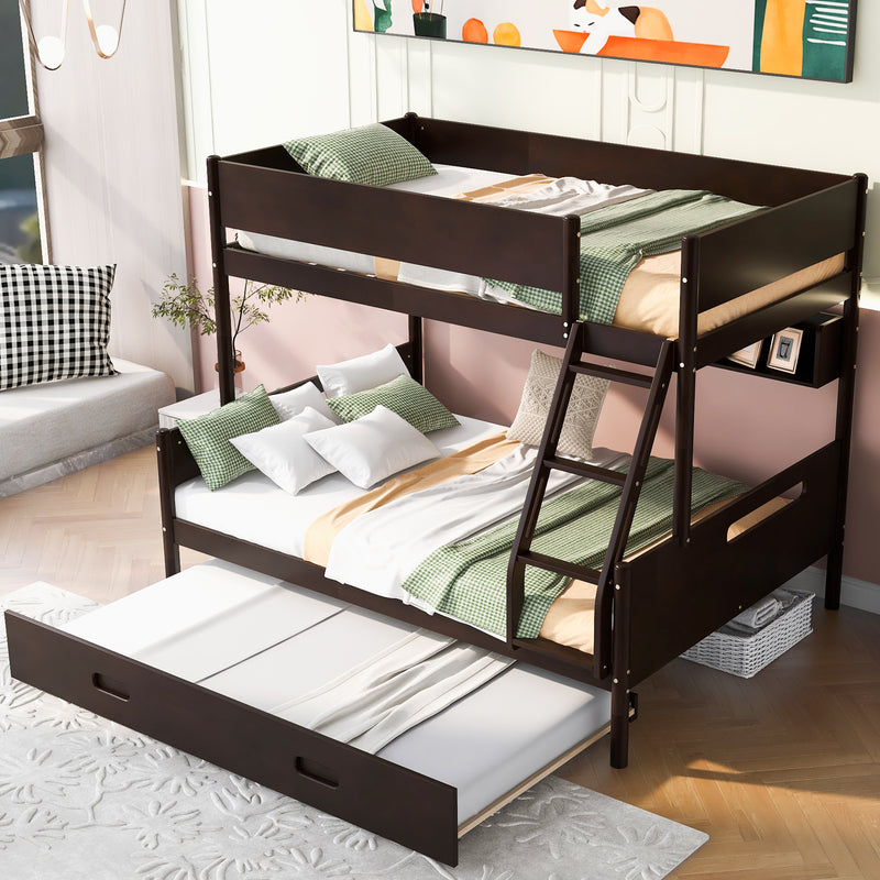 Wood Twin over Full Bunk Bed with Storage Shelves and Twin Size Trundle, Espresso