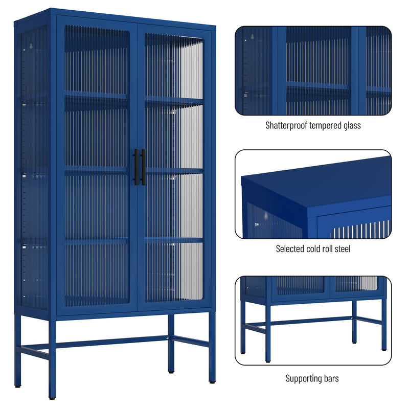 Double Glass Door Storage Cabinet with Adjustable Shelves and Feet Cold-Rolled Steel Sideboard Furniture for Living Room Kitchen BLUE