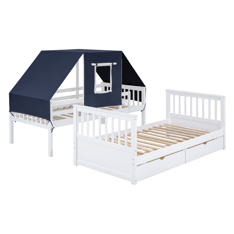 Twin Over Twin Bunk Bed Wood Bed with Tent and Drawers, White+Blue Tent