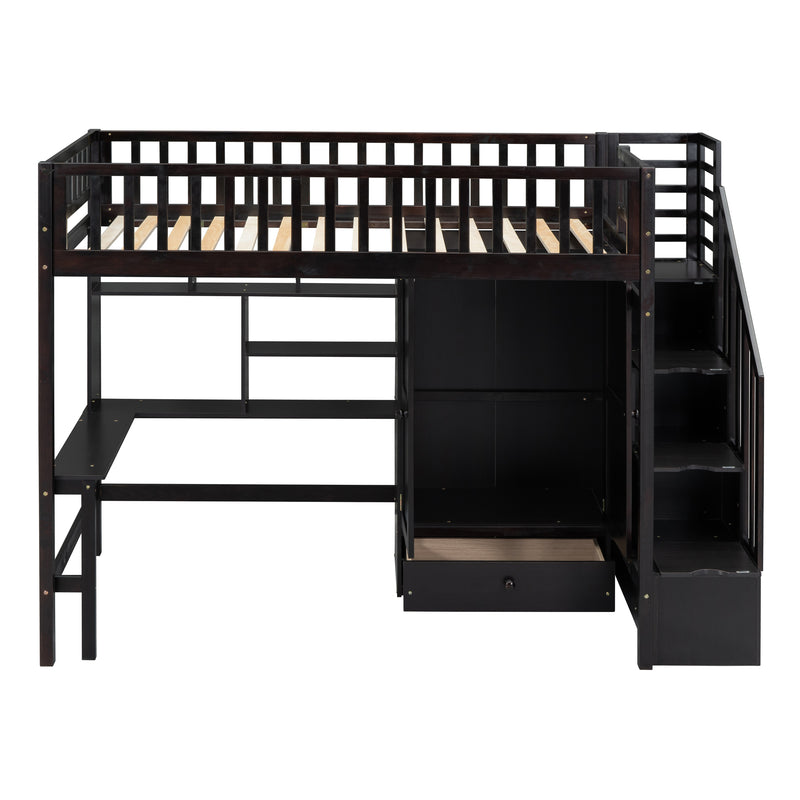 Twin size Loft Bed with Bookshelf,Drawers,Desk,and Wardrobe-Espresso