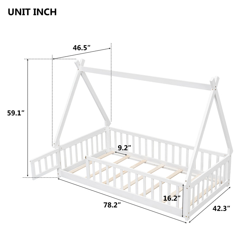 Twin Tent-shaped Floor Bed, with Guardrails, Slats, Door ,White