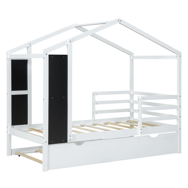 Twin Size Wood House Bed with Fence and Writing Board, White