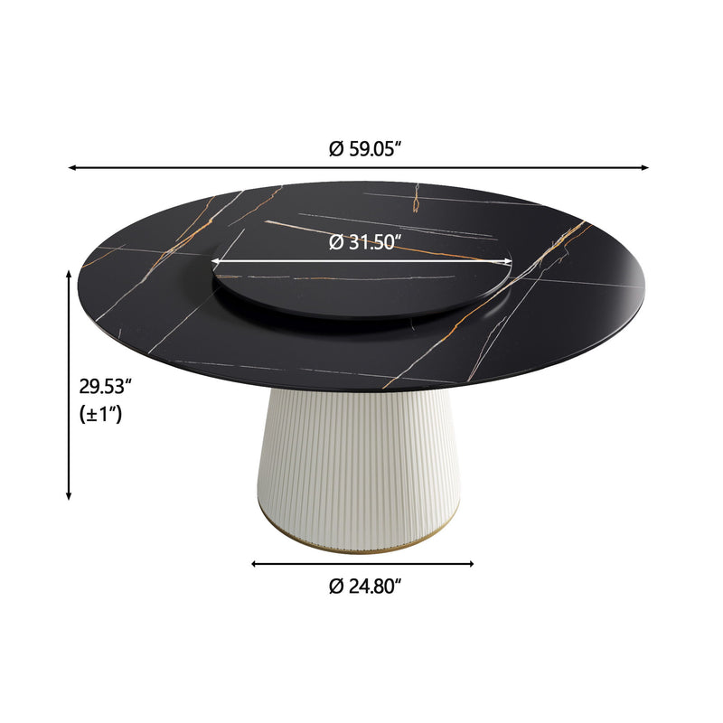 Modern Artificial Stone Round Plywood PU Base Dining Table, Can Accommodate 8 People Artificial Stone Turntable (Not Including Chairs) - Black / Beige