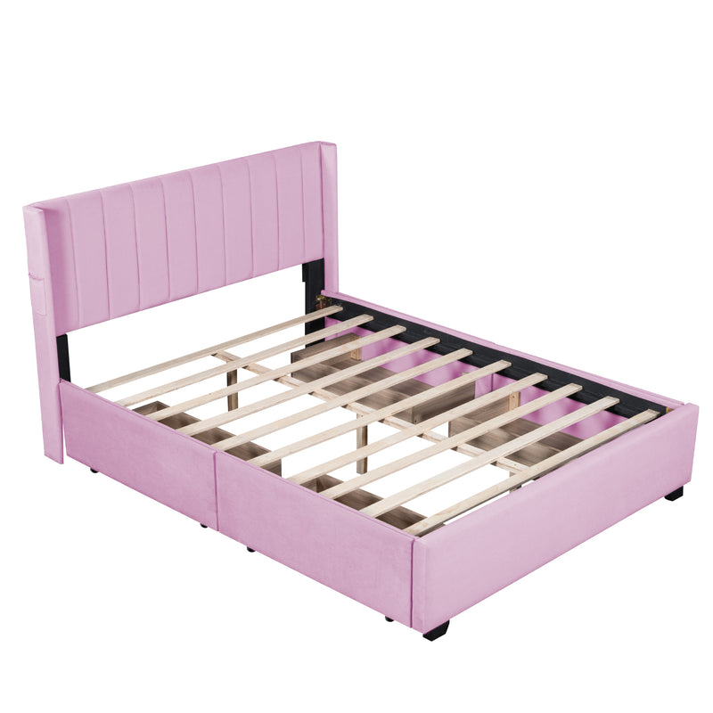 Queen Size Upholstered Bed with 4 Drawers, Pink