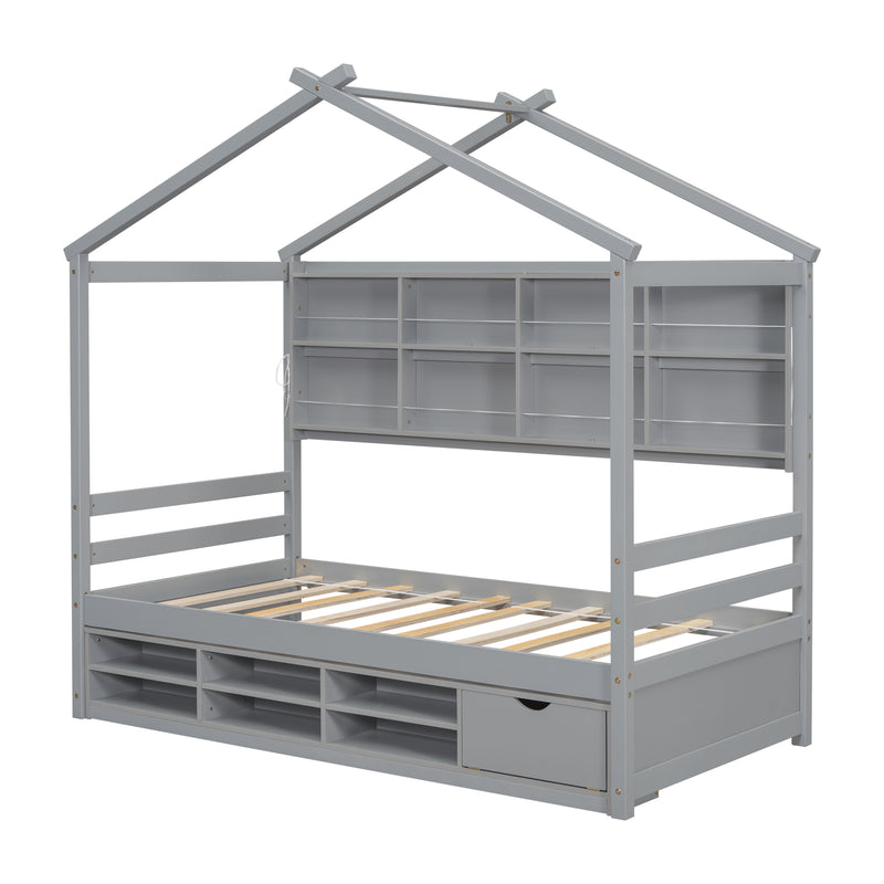 Twin House Bed with Roof Frame, Bedside-shelves, Under Bed Storage Unit,Grey