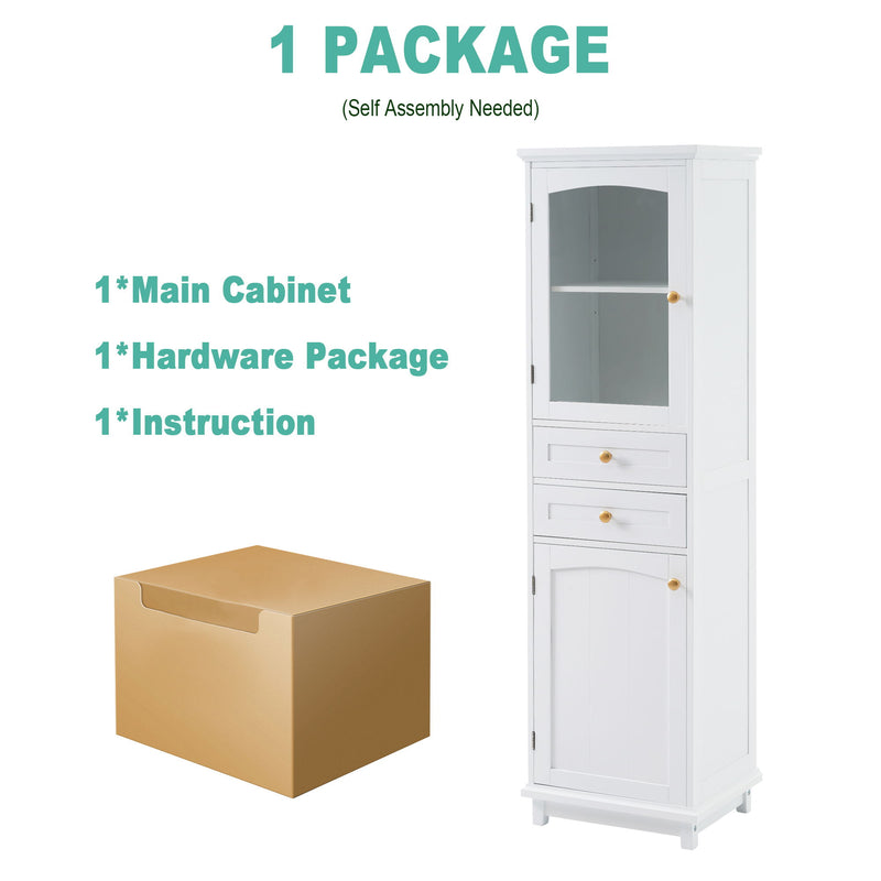 Tall Bathroom Storage Cabinet With Glass Doors, Free-Standing, Two Drawers, And Adjustable Shelves, MDF Board, Painted Perfect For Displaying Your Favorite Items