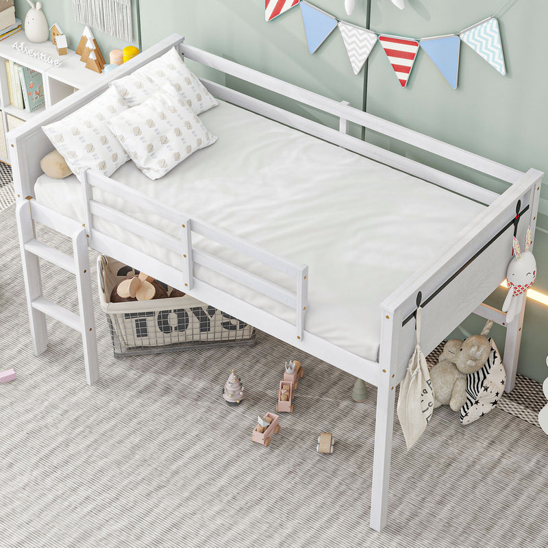 Wood Twin Size Loft Bed with Hanging Clothes Racks, White