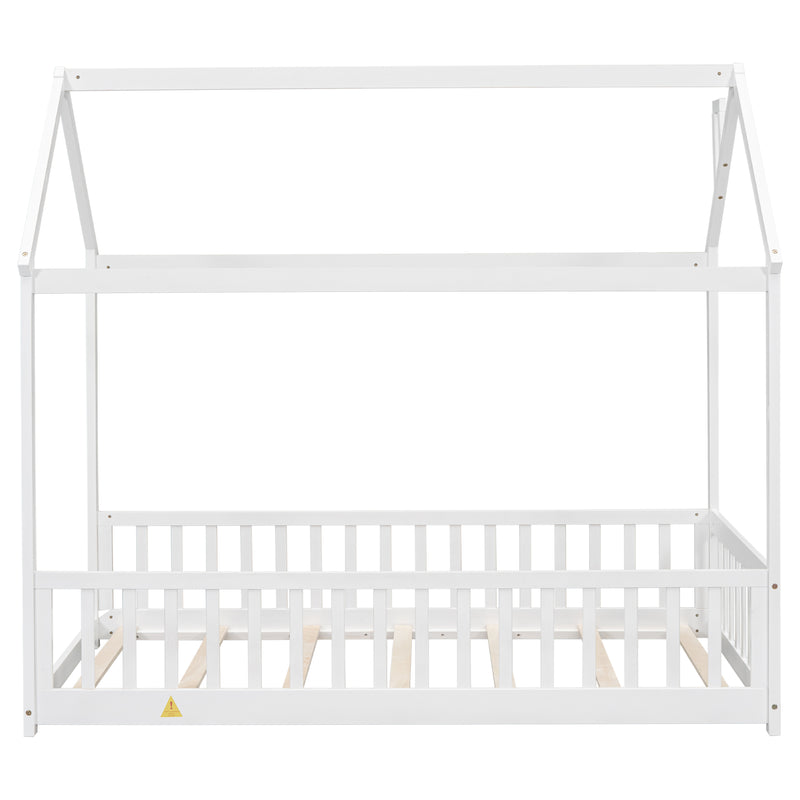 Twin House Bed with Guardrails, Slats ,White