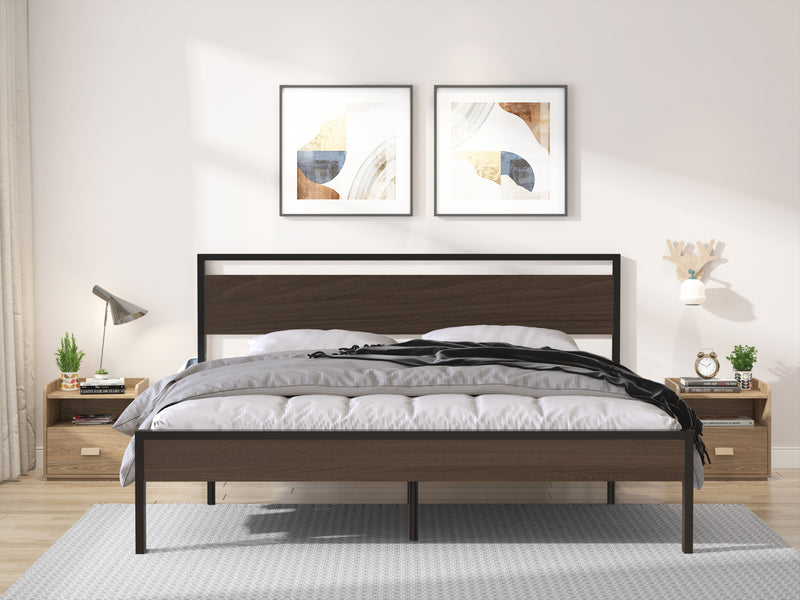 Ceres Metal Bed, Black with Walnut wood Headboard&Footboard, King