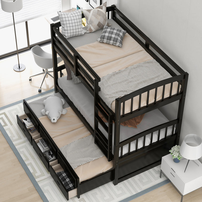 Twin over Twin Wood Bunk Bed with Trundle and Drawers, Espresso