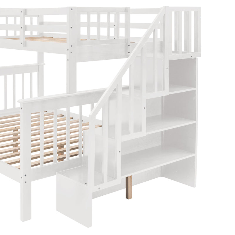 Twin Over Full Stairway Bunk Bed With Drawer, Storage And Guard Rail For Bedroom, Dorm, For Adults