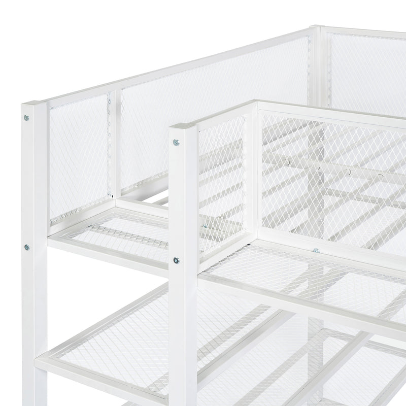 Twin Size Metal Loft Bed with 4-Tier Shelves and Storage, White