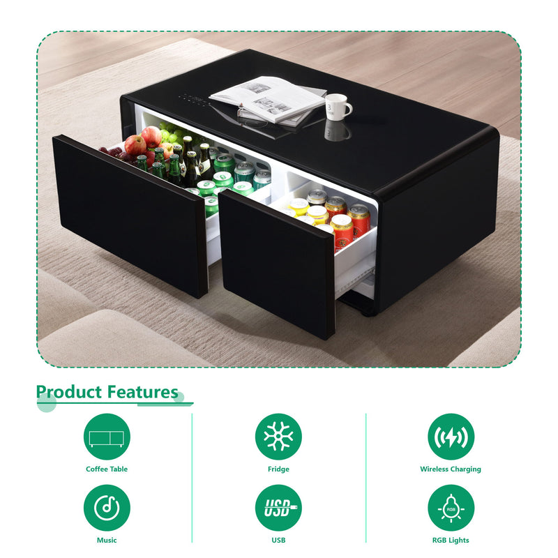 Modern Smart Coffee Table With Built-In Fridge - Bluetooth Speaker, Wireless Charging, Touch Control Panel, USB Interface, Outlet Protection, Atmosphere Light