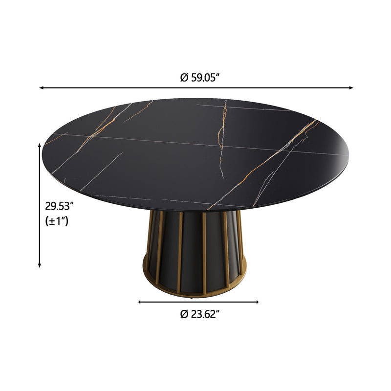 Modern Artificial Stone Round Metal Iron Base Dining Table, Can Accommodate 8 People, (Not Including Chairs) - Black