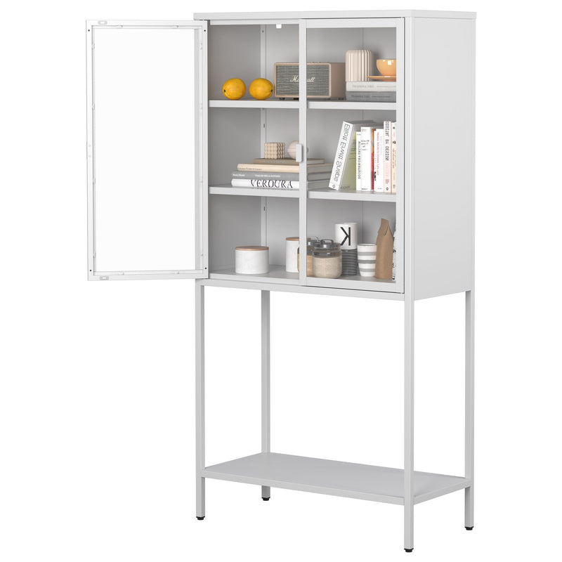 Heavy Duty Metal Storage Cabinet, Display Storage Cabinet With Glass Doors And 2 Adjustable Shelves, Tall Bookcase Modern Bookshelf Cabinet For Home Office, Living Room, Pantry