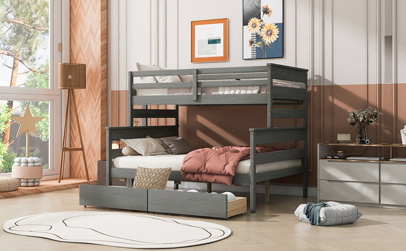 Wood Twin over Full Bunk Bed with 2 Drawers, Gray