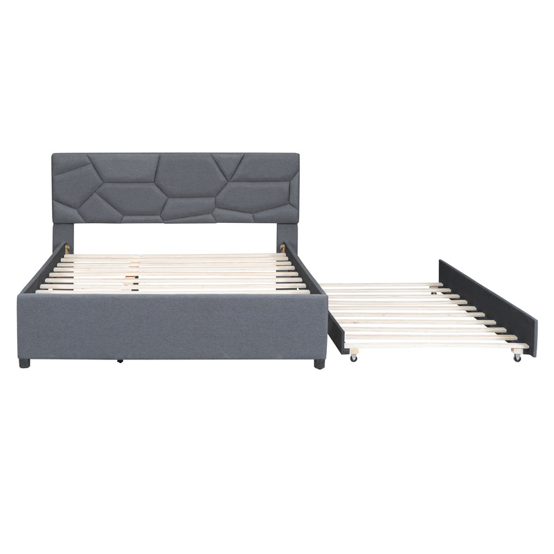 Queen Size Upholstered Platform Bed with Brick Pattern Headboard and Twin XL Size Trundle, Linen Fabric, Gray