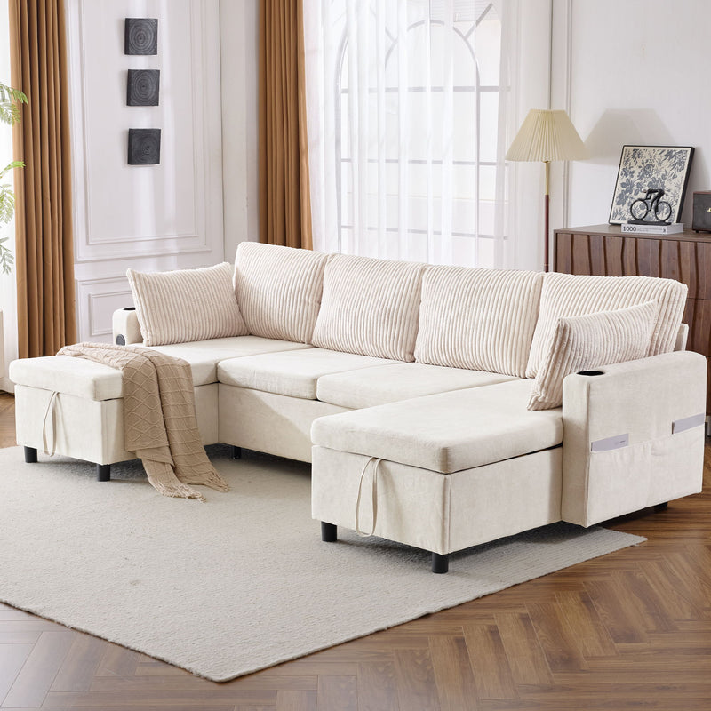 Sectional Sofa Pull Out Sofa Bed Versatile Sofa Sleeper With Large Storage Space, Two USB Ports And Two Cup Holders For Living Room