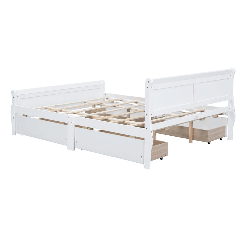 Queen Size Wood Platform Bed with 4 Drawers and Streamlined Headboard & Footboard, White