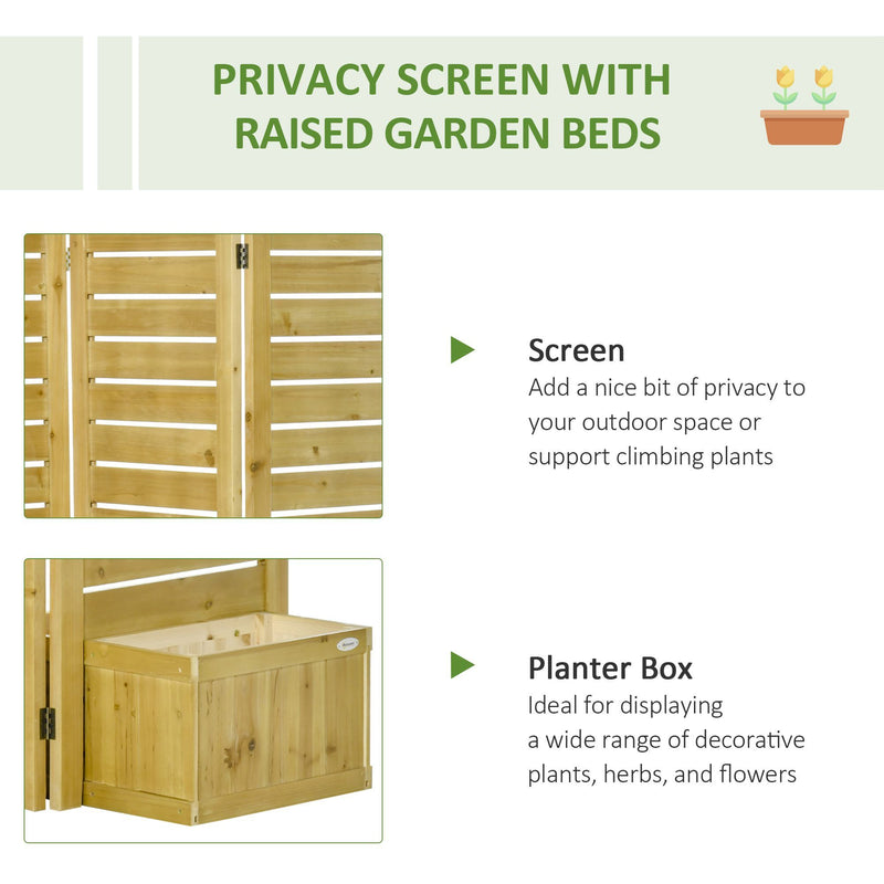 Outsunny - Freestanding Outdoor Privacy Screen, 4 Self-Draining Planters / Raised Garden Beds, 3 Hinged Panels For Hot Tub, Patio, Backyard, Deck - Natural