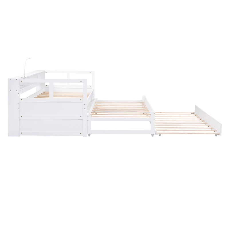 Twin XL Wood Daybed with 2 Trundles, 3 Storage Cubbies, 1 Light for Free and USB Charging Design, White