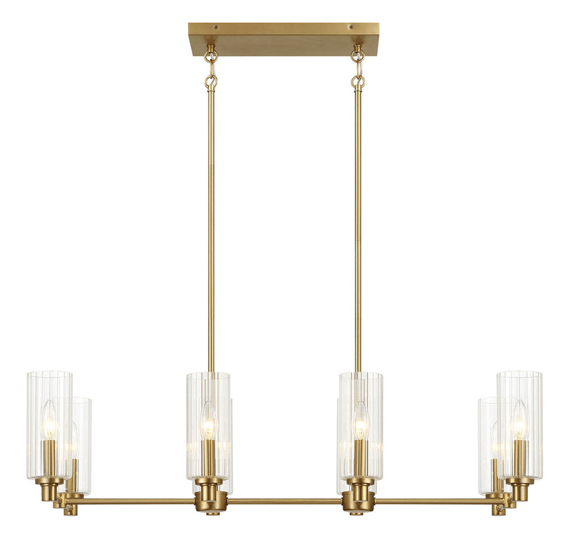 Willow - 8 Lights Island With Clear Ribbed Pendant Lamp Satin - Antique Brass / Clear / Gold