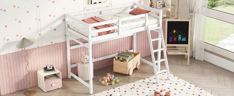 Twin Size High Loft Bed with inclined Ladder, Guardrails,White