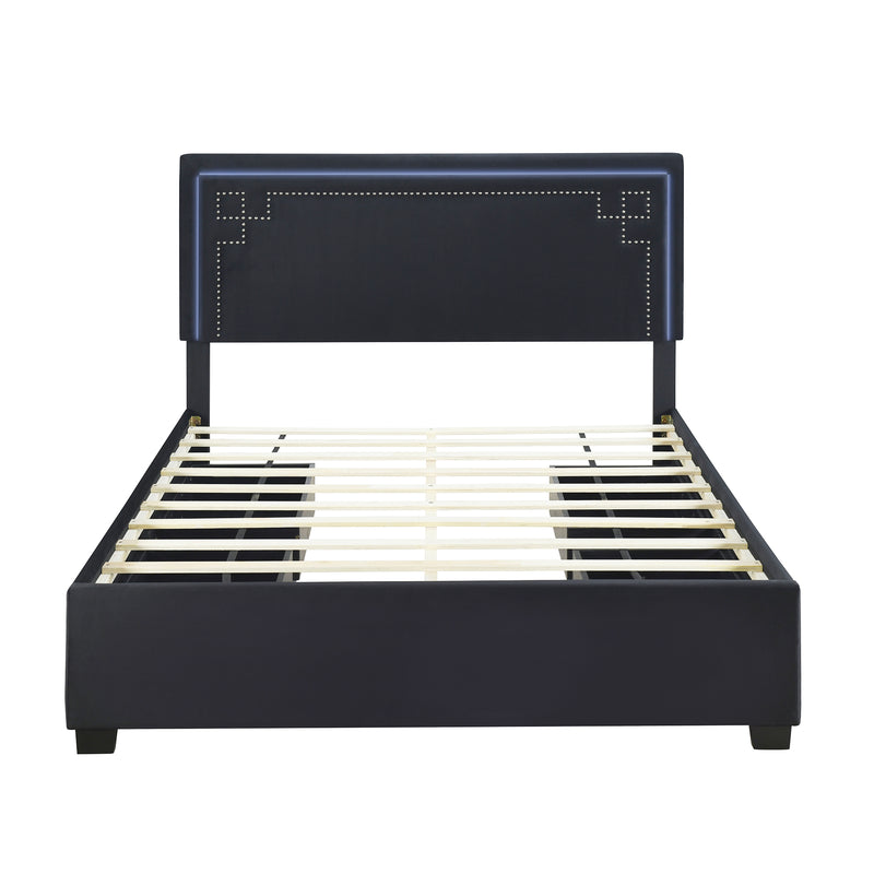 Queen Size Upholstered Platform Bed with Rivet-decorated Headboard, LED bed frame and 4 Drawers, Black