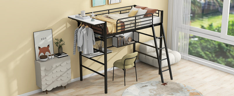 Twin Size Metal Loft Bed with 2 Shelves, a desk and a Hanging Clothes Rack, Black and White