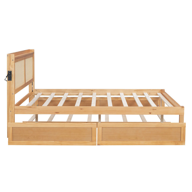 Queen Size Elegant Bed Frame with Rattan Headboard and Sockets ,Walnut