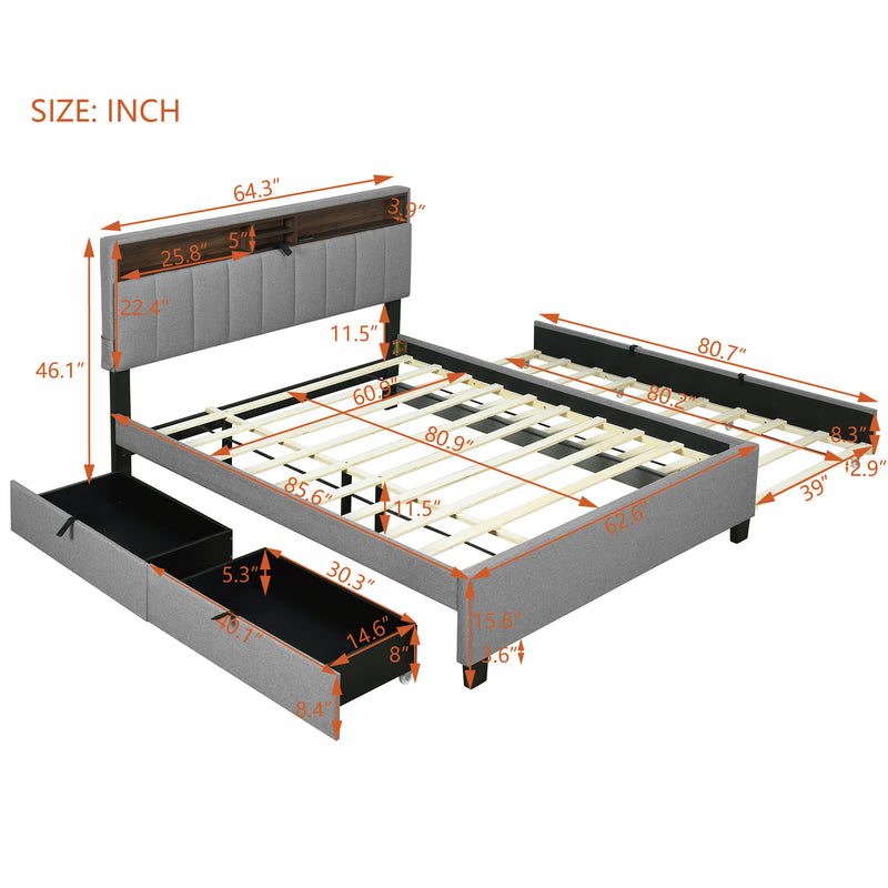 Queen size Upholstered Platform Bed with Storage Headboard, Twin XL Size Trundle & 2 drawers and a set of Sockets & USB Ports, Linen Fabric, Gray