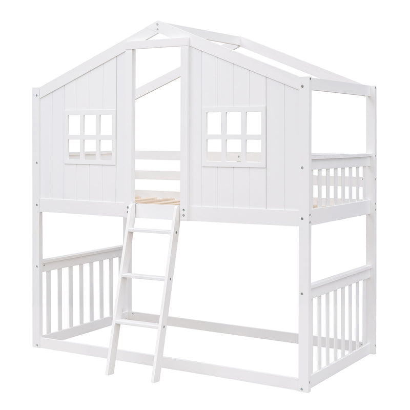 Twin Over Twin House Bunk Bed With Ladder, Wood Bed