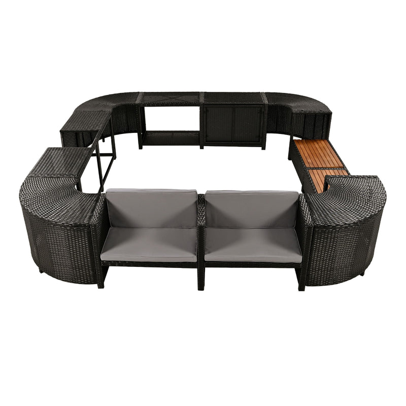 Spa Surround Spa Frame Quadrilateral Outdoor Rattan Sectional Sofa Set With Mini Sofa, Wooden Seats And Storage Spaces