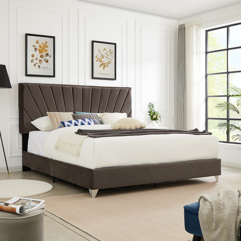 B108 King bed Beautiful line stripe cushion headboard , strong wooden slats + metal legs with Electroplate