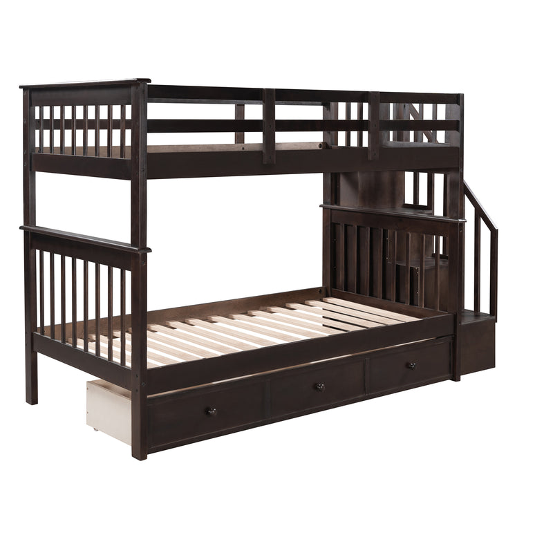 Stairway Twin-Over-Twin Bunk Bed with Three Drawers for Bedroom, Dorm - Espresso(Old sku: LP000309AAP)