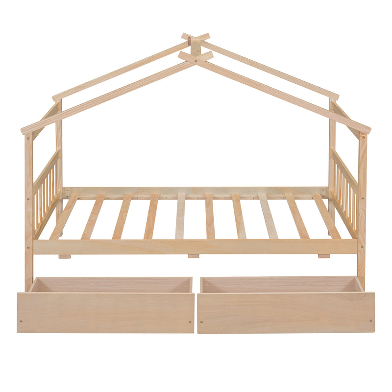 Twin Size Wooden House Bed with Drawers, Natural