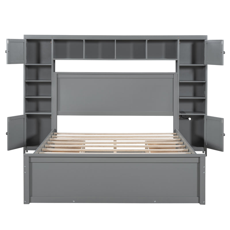 Queen Size Wooden Bed With All-in-One Cabinet, Shelf and Sockets, Gray