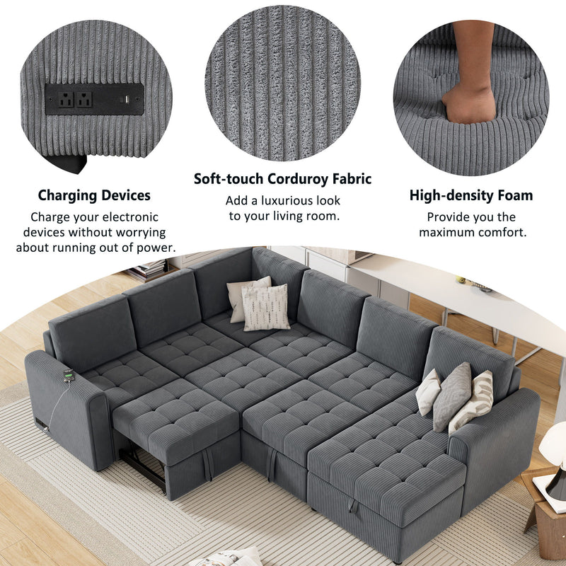 U-Shaped Sofa Sectional Sofa Pull-Out Sofa Bed With A Storage Chaise Lounge, Charging Devices For Living Room