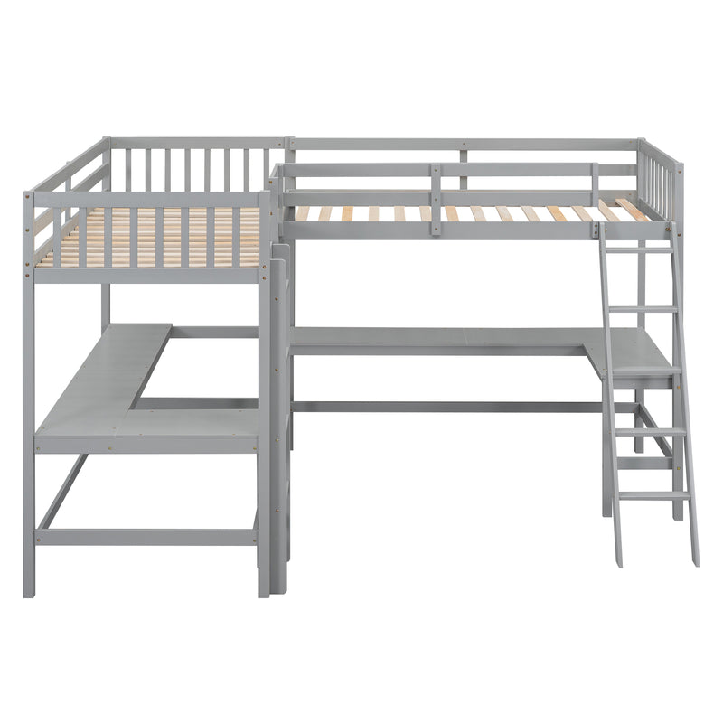 Wood Twin Size L-Shaped Loft Bed with Ladder and 2 Built-in L-Shaped Desks, Gray