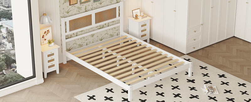 Queen Size Wood Platform Bed with Natural Rattan Headboard,Exquisite Elegance with Minimalist Charm for Bedroom,White