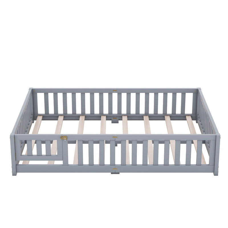 Queen Size Bed Floor Bed with Safety Guardrails and Door for Kids, Gray