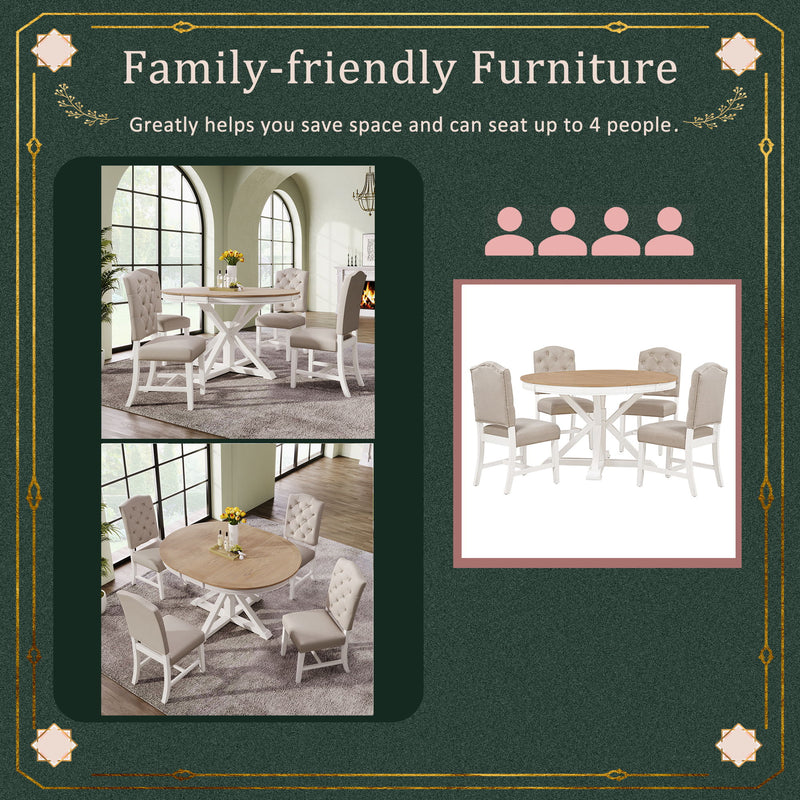 Functional Furniture Retro Style Dining Table Set With Extendable Table And 4 Upholstered Chairs For Dining Room And Living Room