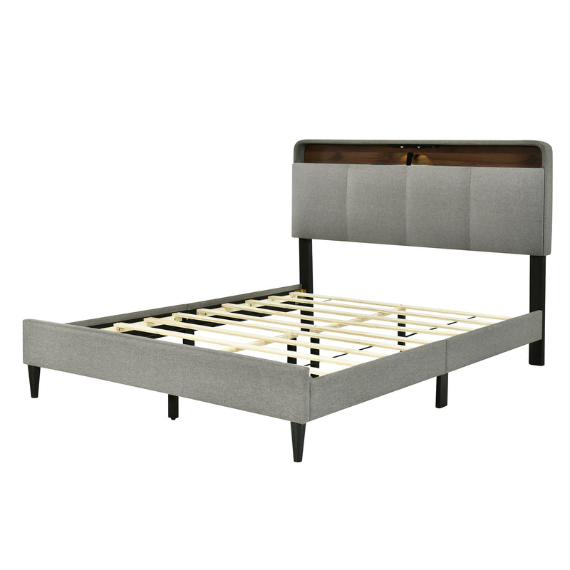 Queen size Upholstered Platform Bed with Storage Headboard, Sensor Light and a set of Sockets and USB Ports, Linen Fabric, Gray