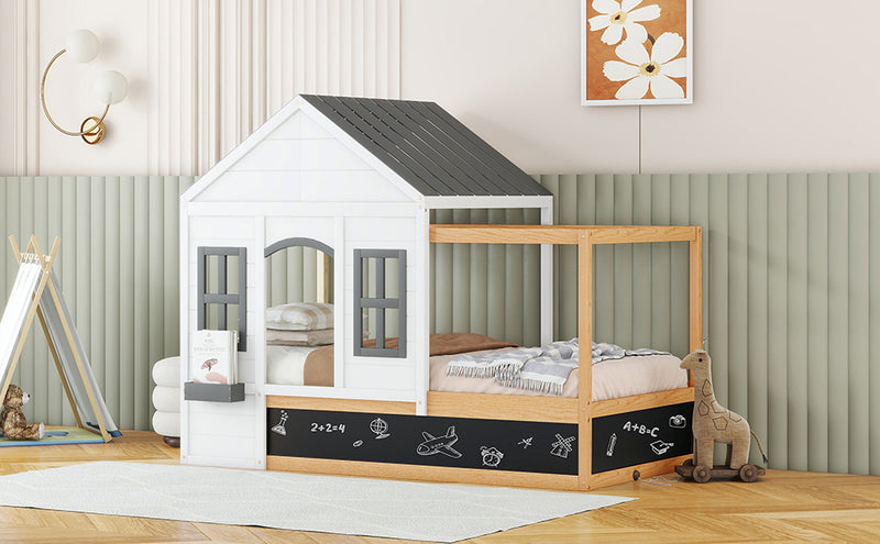 Twin Size House Shaped Canopy Bed with Black Roof and White Window,Blackboard and Little Shelf, White(Old SKU: WF294051AAK)