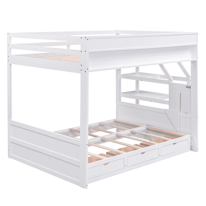 Wood Full Size Convertible Bunk Bed with Storage Staircase, Bedside Table, and 3 Drawers, White